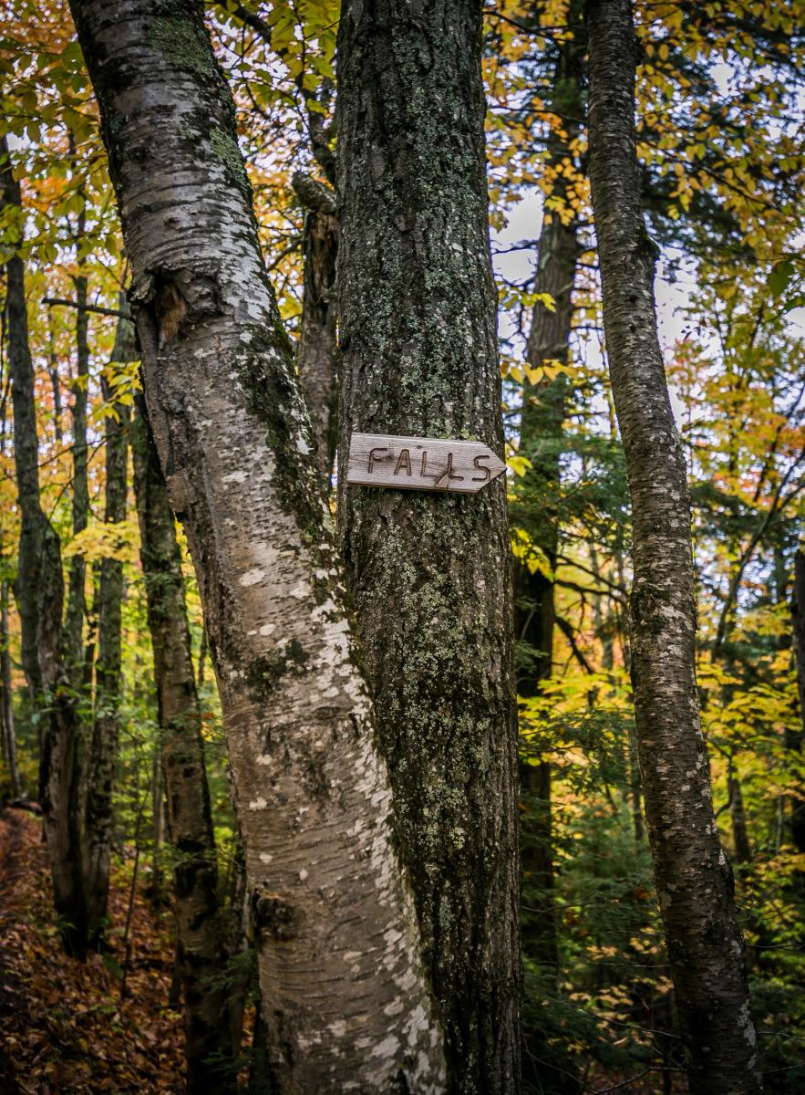 "Falls" signage pointing the direction of Big Pup Creek Falls in Big Bay, MI