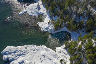 Aerial view of Black Rocks at Presque Isle Park in winter.