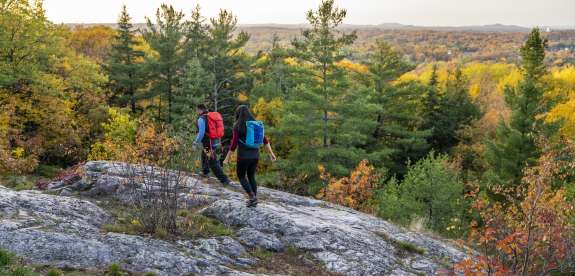 A Couple standing on a rock atop hg6668皇冠登录山 surrounded by orange, red, 黄色的秋叶.