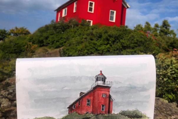 A beautiful sketch by Mike Shisler of the iconic red Marquette Harbor Lighthouse in Marquette, MI