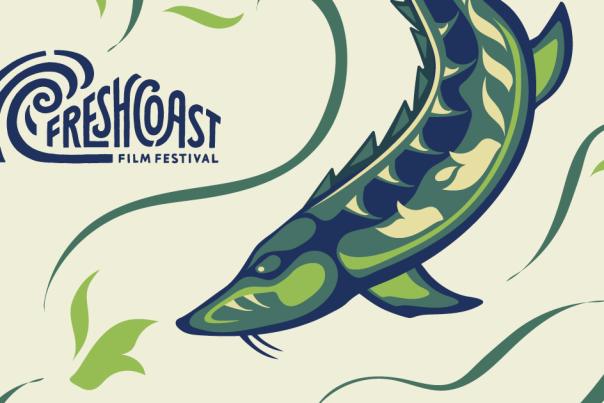 Fresh Coast Film Festival '25 artwork featuring Great Lakes Sturgeon by Anishinaabe-Ojibwe artist Giizh Agaton Howes.