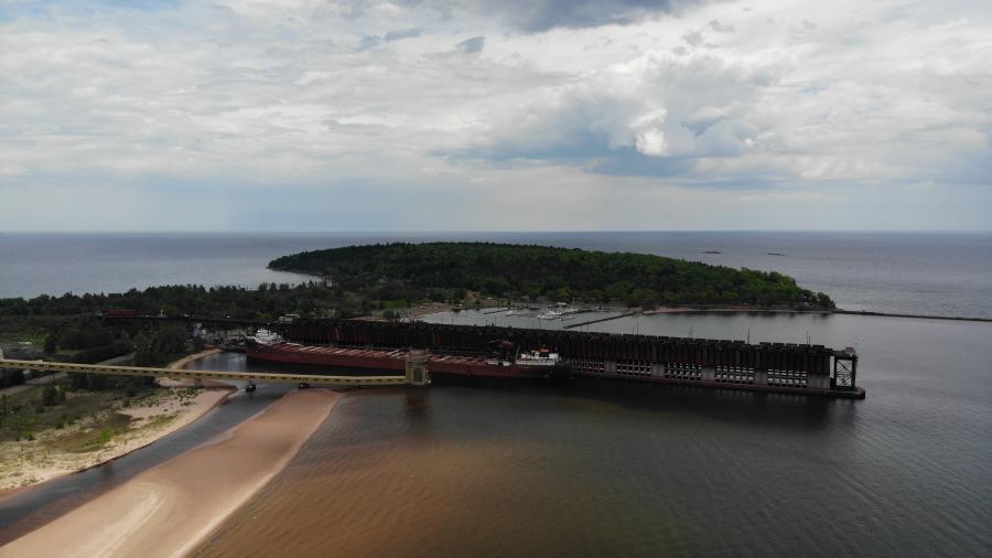 Aerial view of the active Upper Harbor ore dock on Lake Superior in Marquette, MI