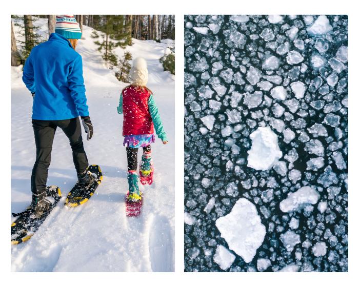 Left: Mom and daughter snowshoeing. Right: "Pancake" ice formations on Lake Superior.