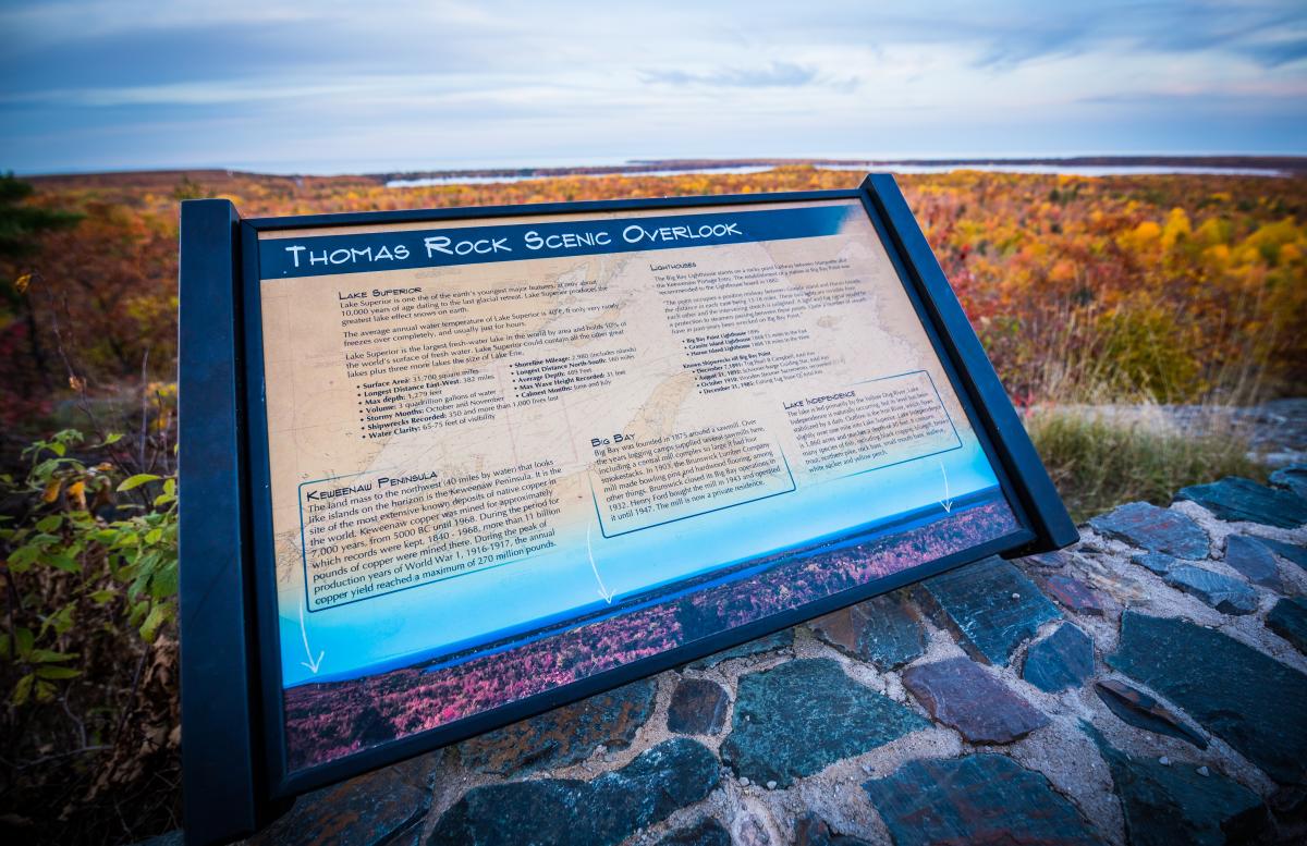 Informational sign at Thomas Rock Scenic Overlook in Big Bay, MI