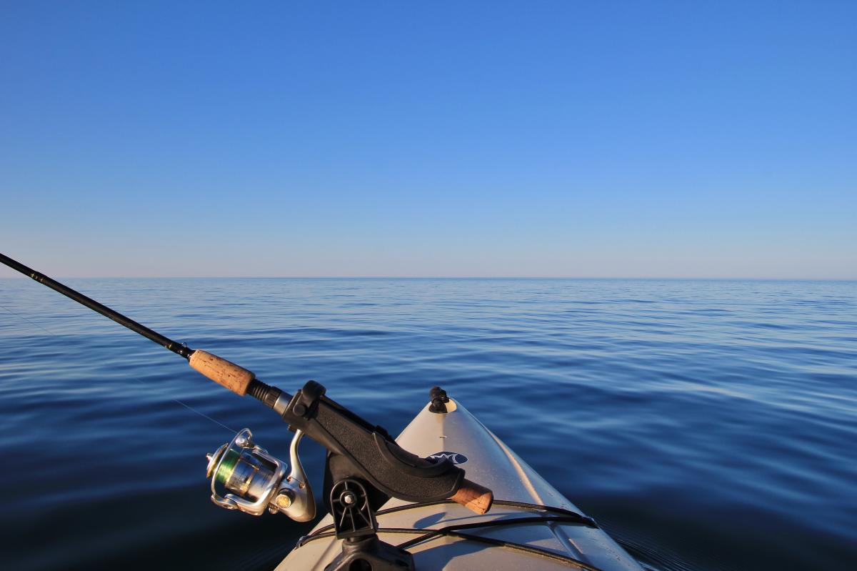 A fishing rig on a kayak out on Lake Superior