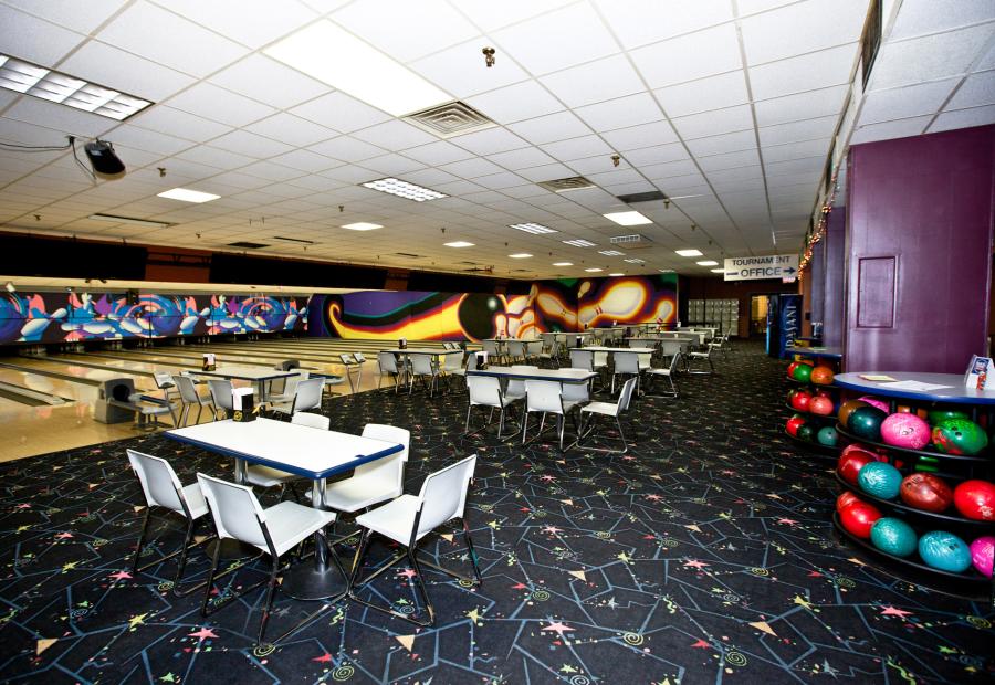 Bowling lanes and seating area at Westgate Bowling Center