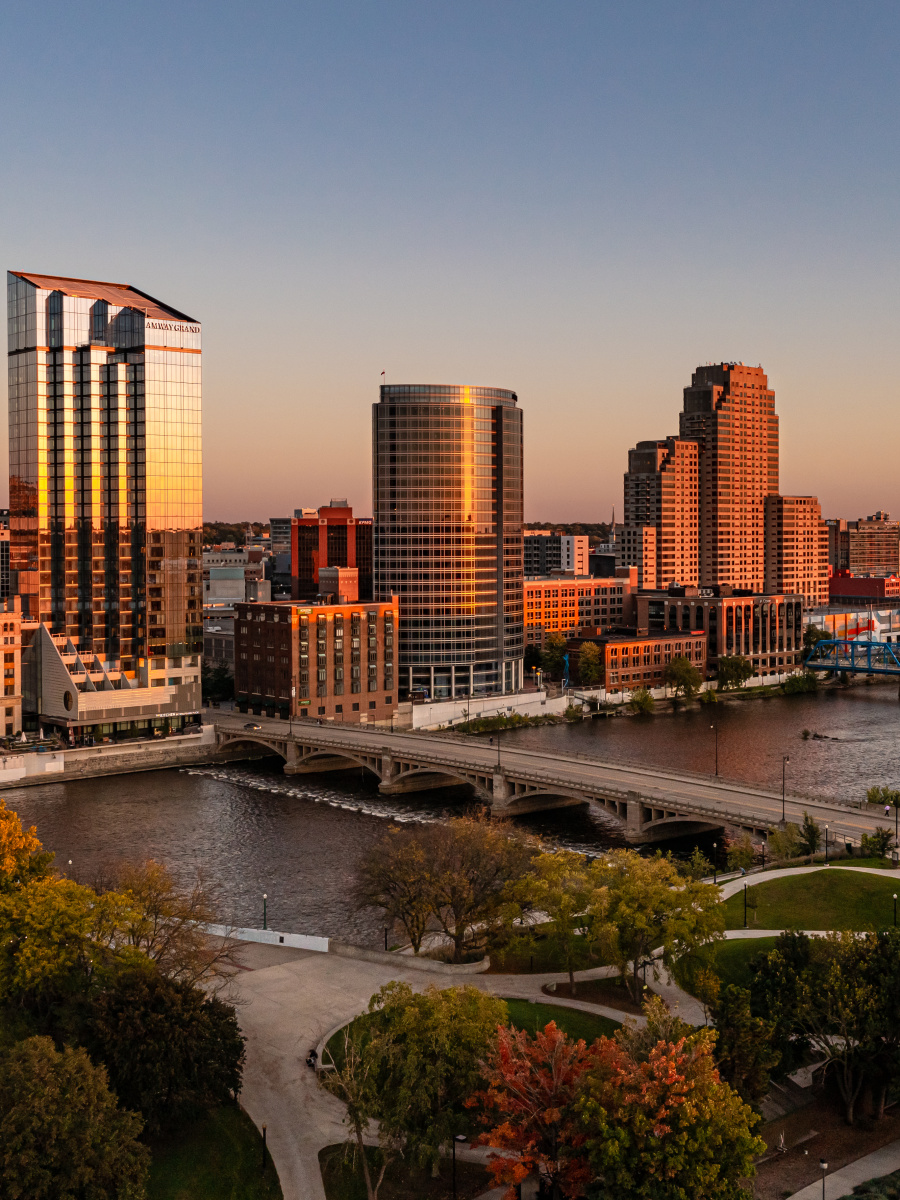 Downtown Skyline with Golden Hues and Moon, 2021