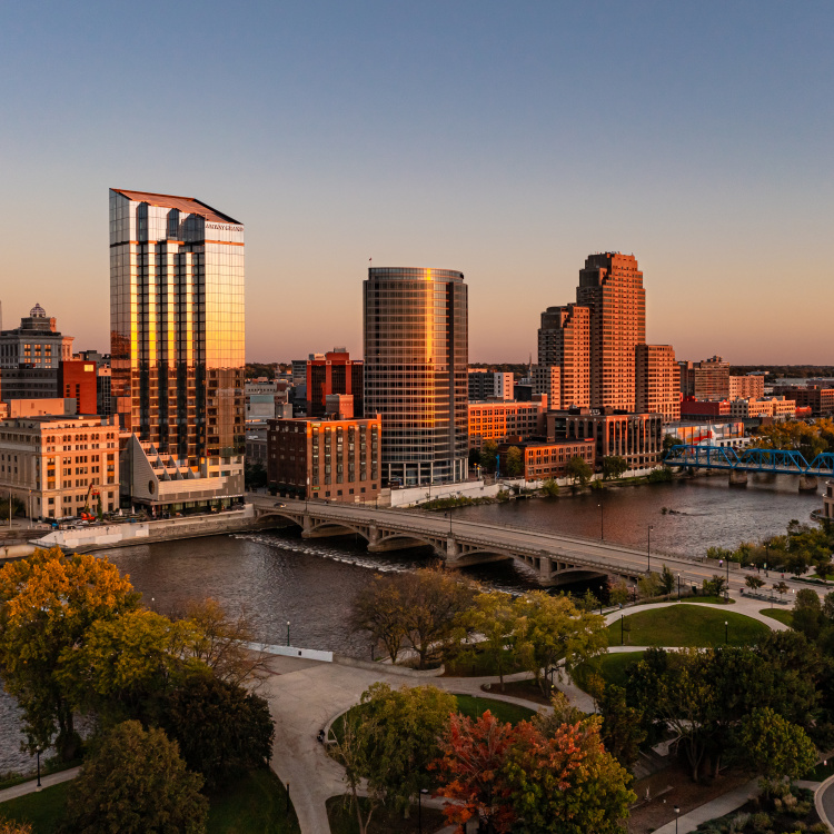 Downtown Skyline with Golden Hues and Moon, 2021