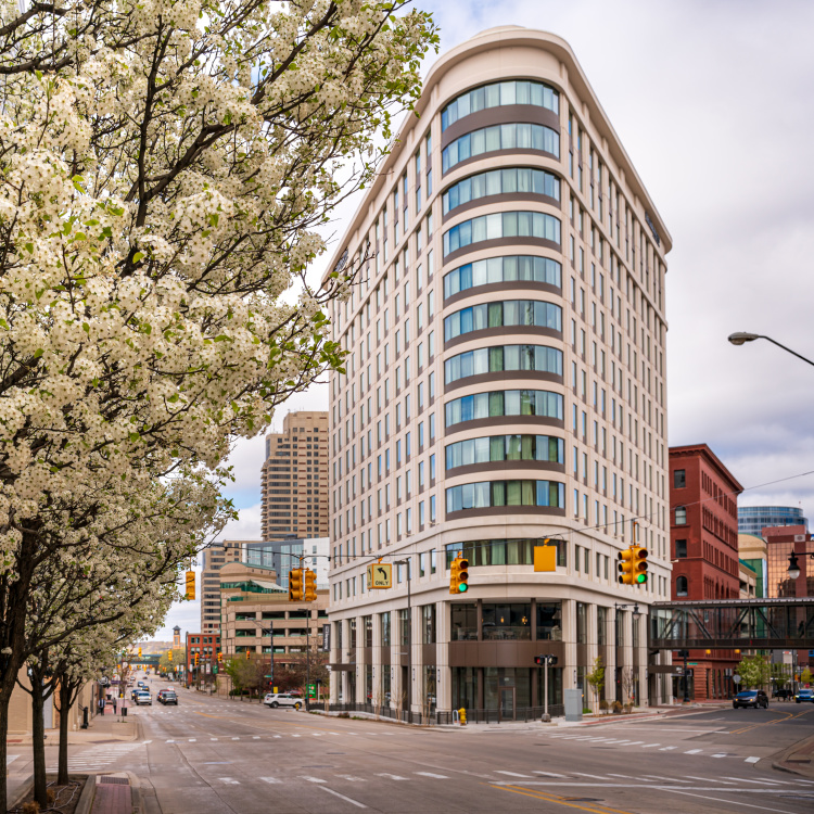 Trees blooming on a cloudy Spring day across from the Residence Inn.