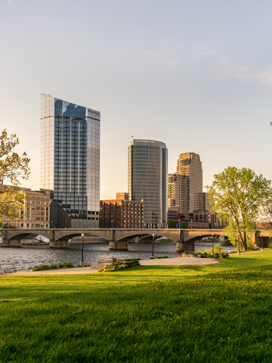 City skyline of downtown Grand Rapids along the Grand River