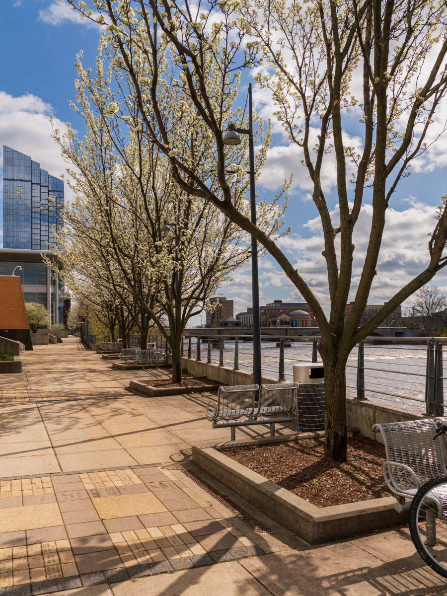 DeVos Place Convention Center exterior and river walk along the Grand River