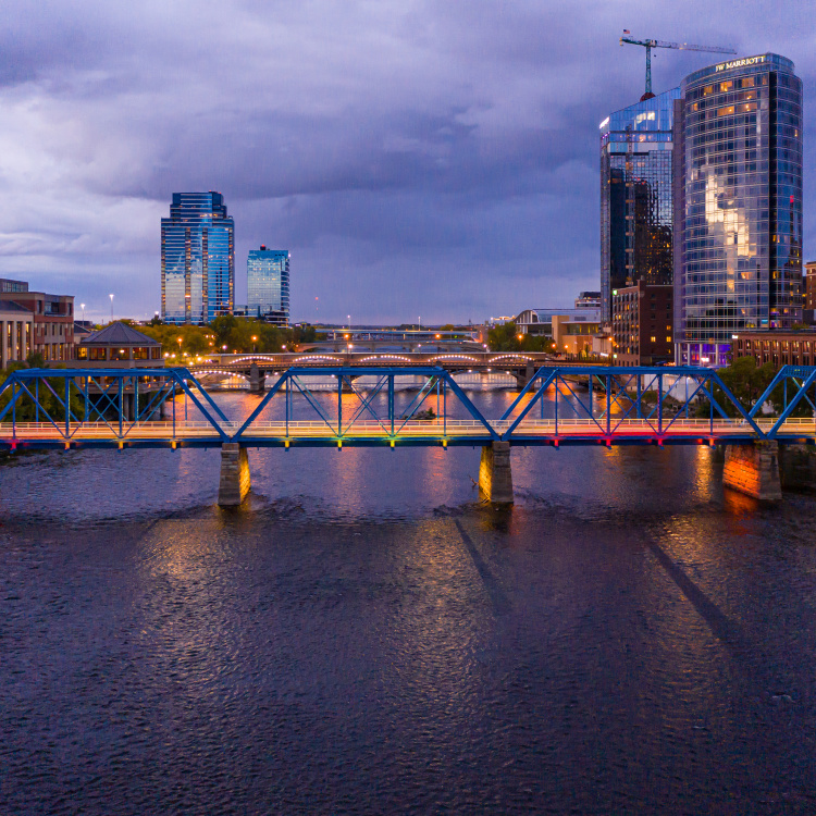Grand Rapids Skyline at Dusk with Blue Bridge