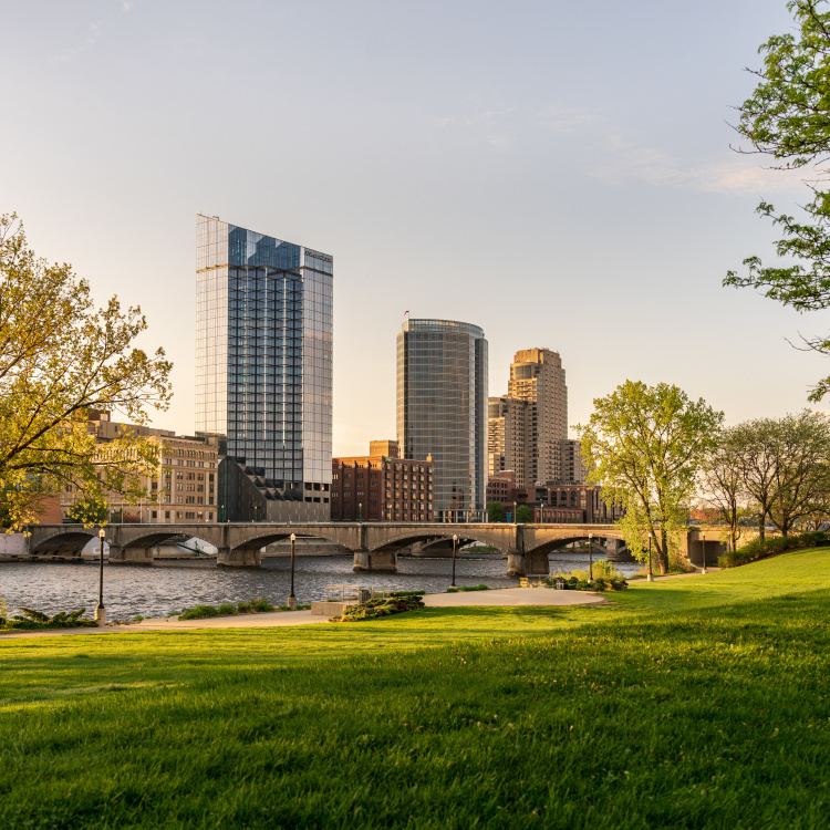 City skyline of downtown Grand Rapids along the Grand River