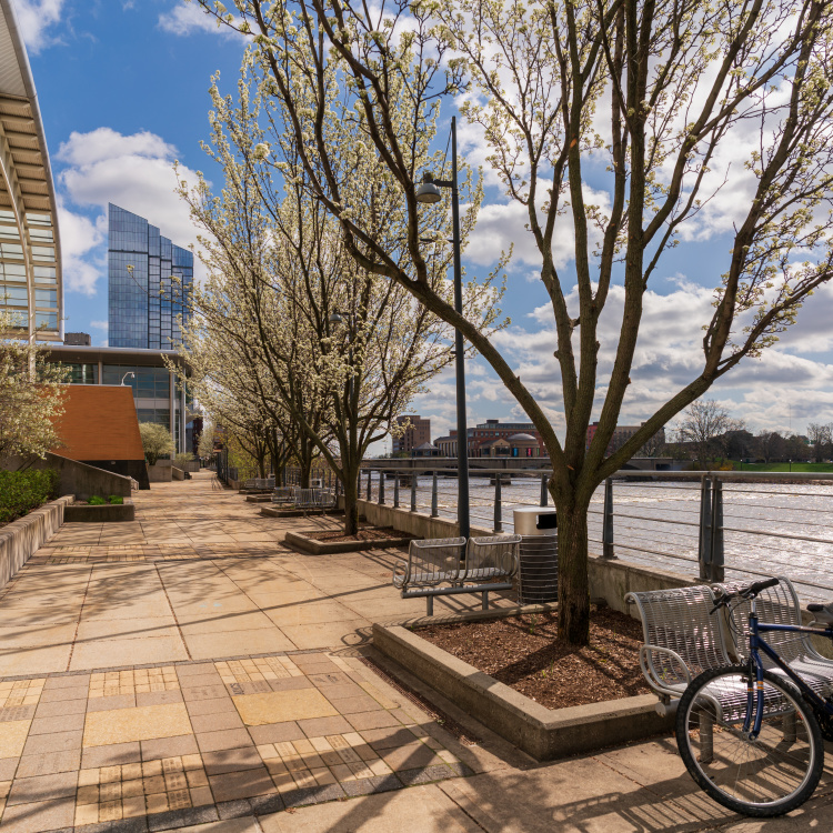 DeVos Place Convention Center exterior and river walk along the Grand River