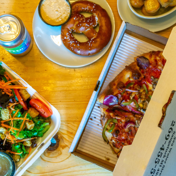 Aerial Photo of Takeout Pizza and Craft Beer