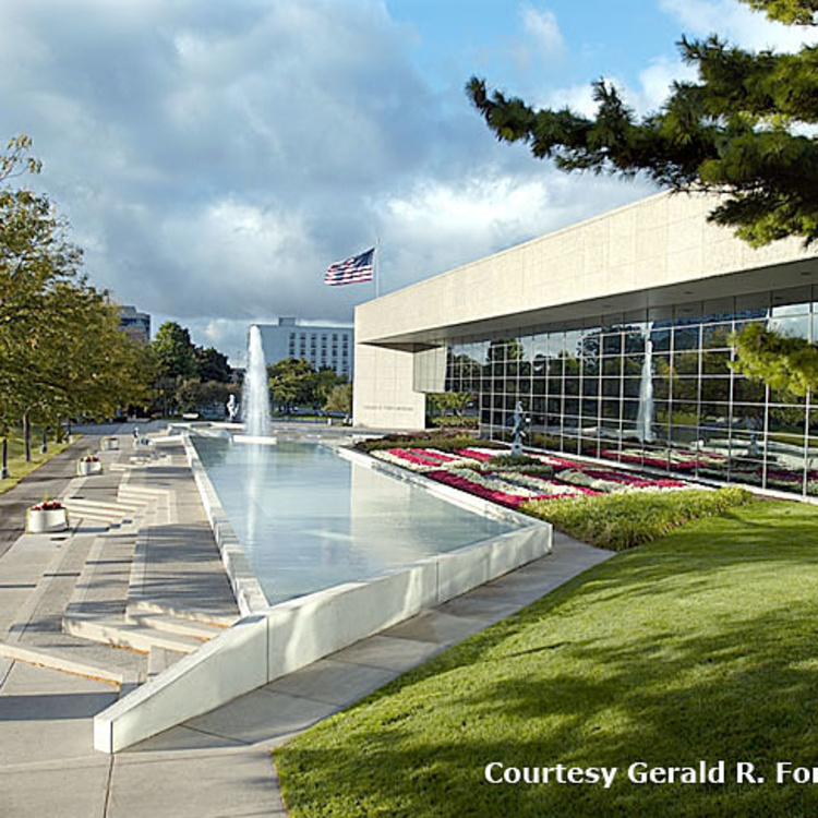 A view of the front of the Gerald R. Ford Presidential Museum.