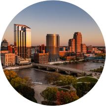 Downtown Skyline with Golden Hues and Moon
