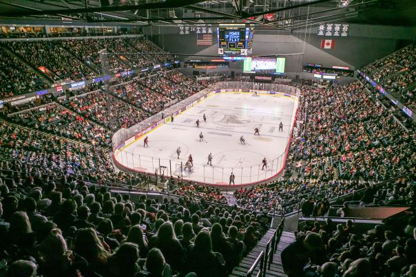 Aerial view of hockey players on the ice during a game