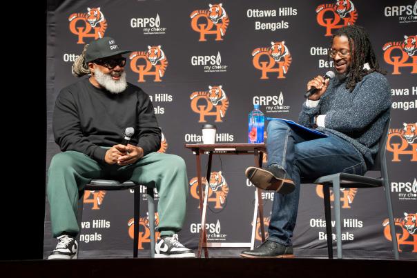 Chef Cliff Rome being interviewed at Ottawa Hills High School, by Jordoun Eatman