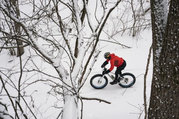 Riding a fat bike through wintry trails.