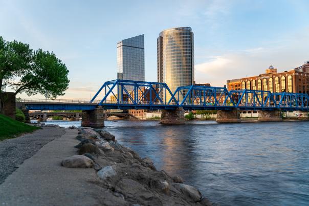 Photo of the blue bridge in downtown Grand Rapids.
