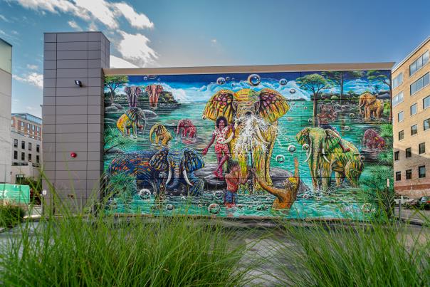 ArtPrize 2023 - Raining Wisdom by Abdoulaye Conde (elephant mural). Photography by Nick Irwin.