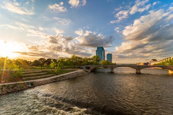 City skyline of downtown Grand Rapids along the Grand River