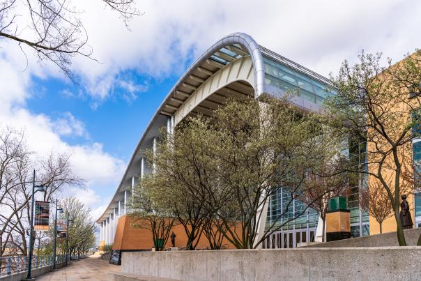 DeVos Place Convention Center exterior and river walk along the Grand River