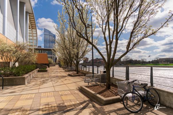 DeVos Place Convention Center exterior and river walk along the Grand River