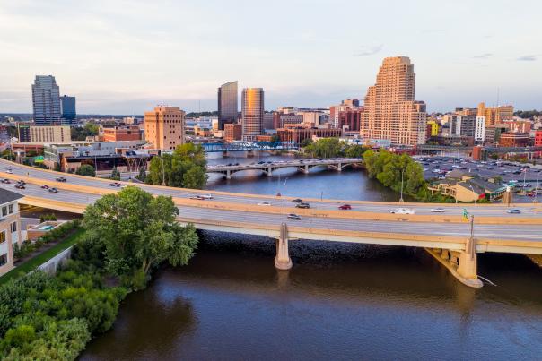 Grand Rapids' skyline featuring bridges over the Grand River