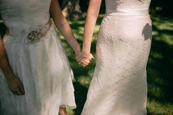 Brides holding hands at Fallasburg Park