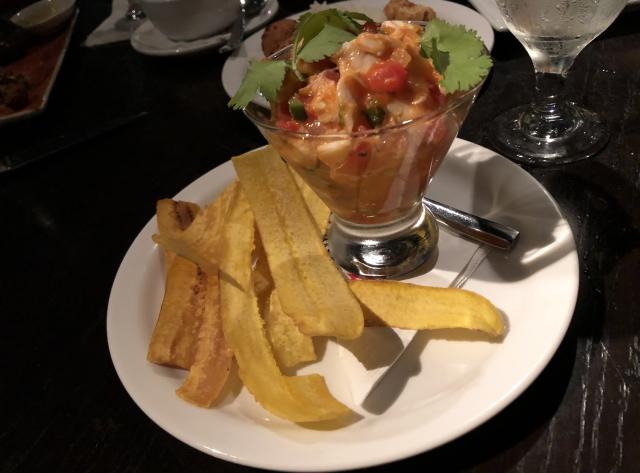 Seafood appetizer with fried plantains at Churrascos