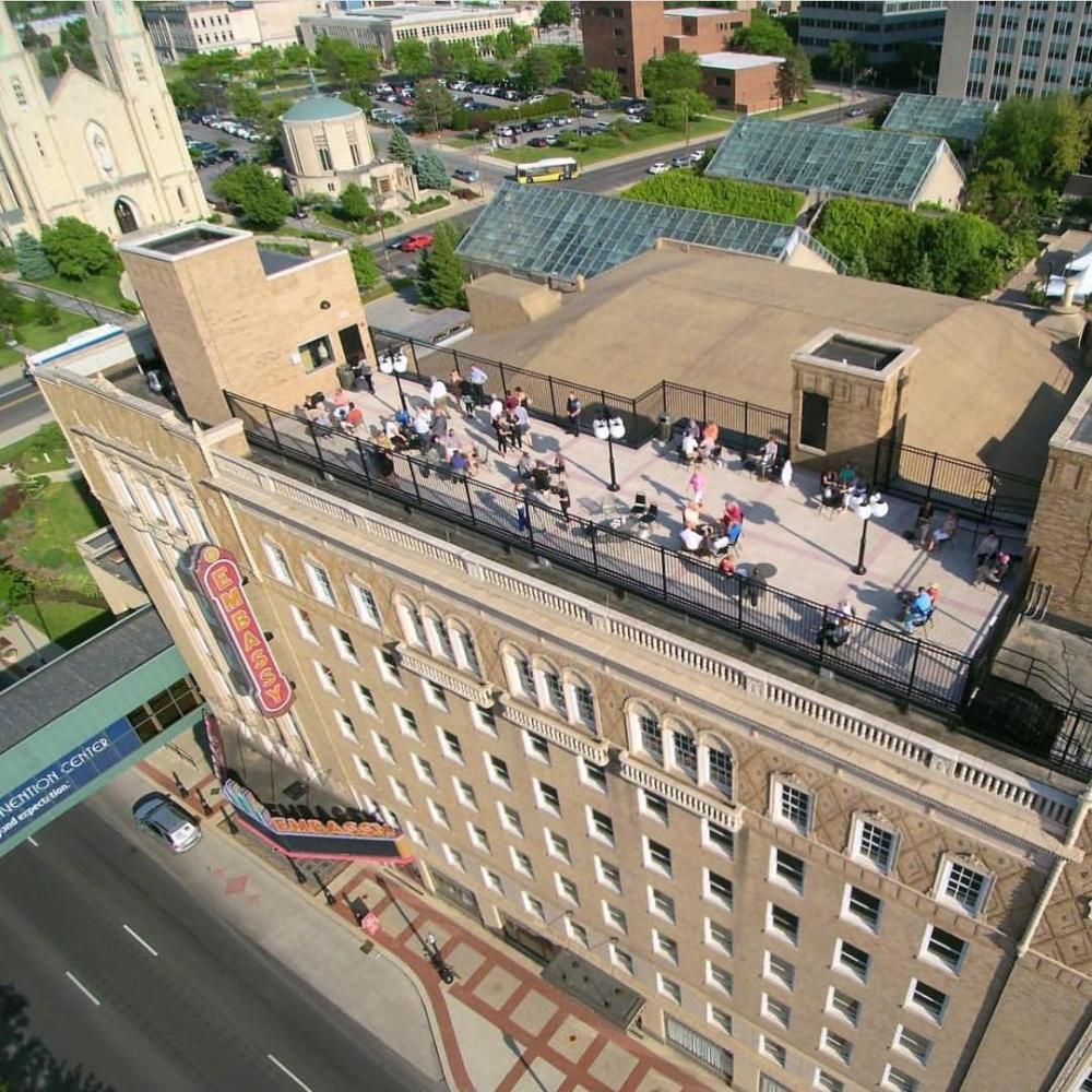 Drone view of Embassy Theatre rooftop during Summer Night at the Embassy