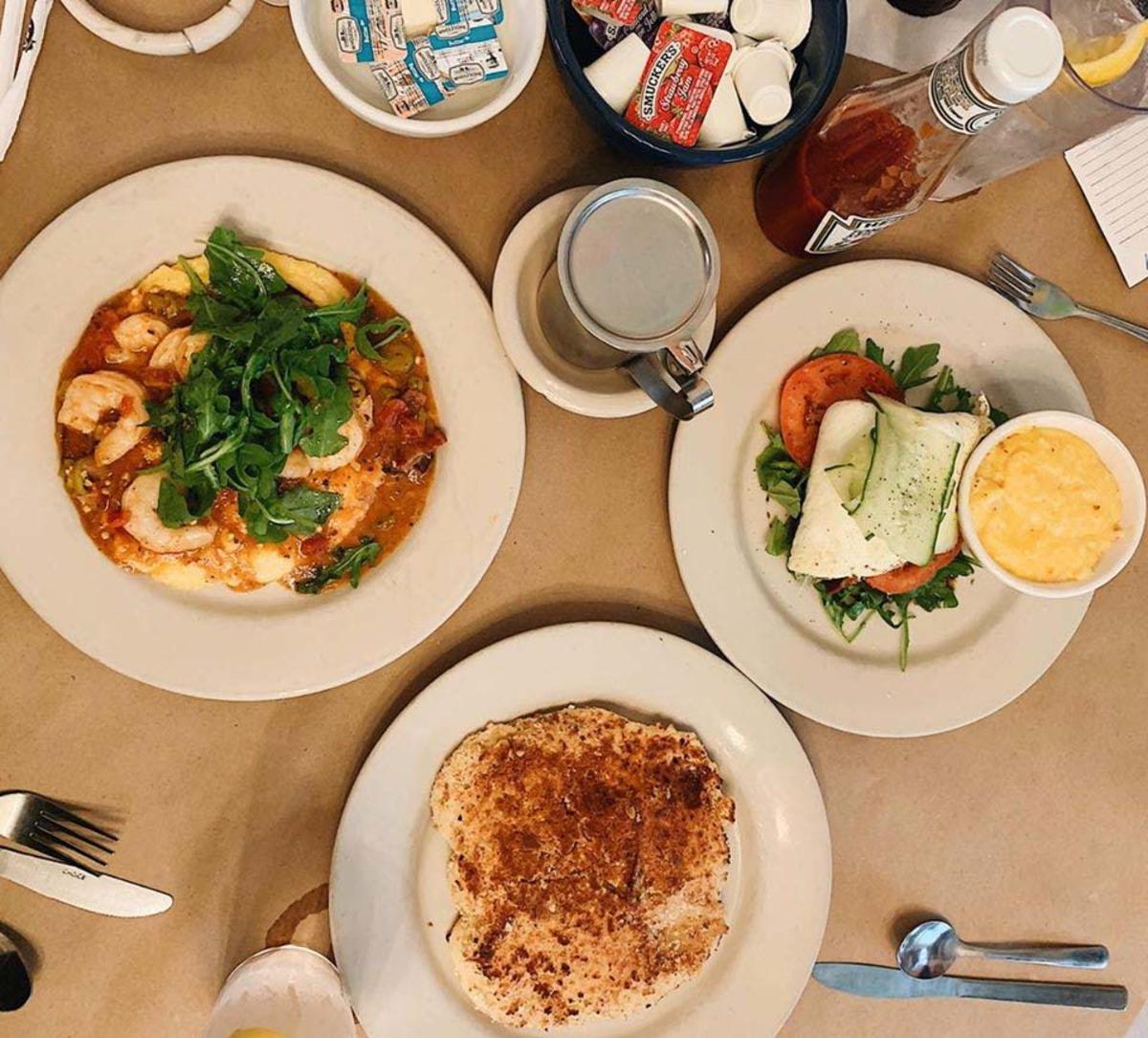 An assortment of plated dishes at Palmer's Village Cafe on St. Simons Island, GA