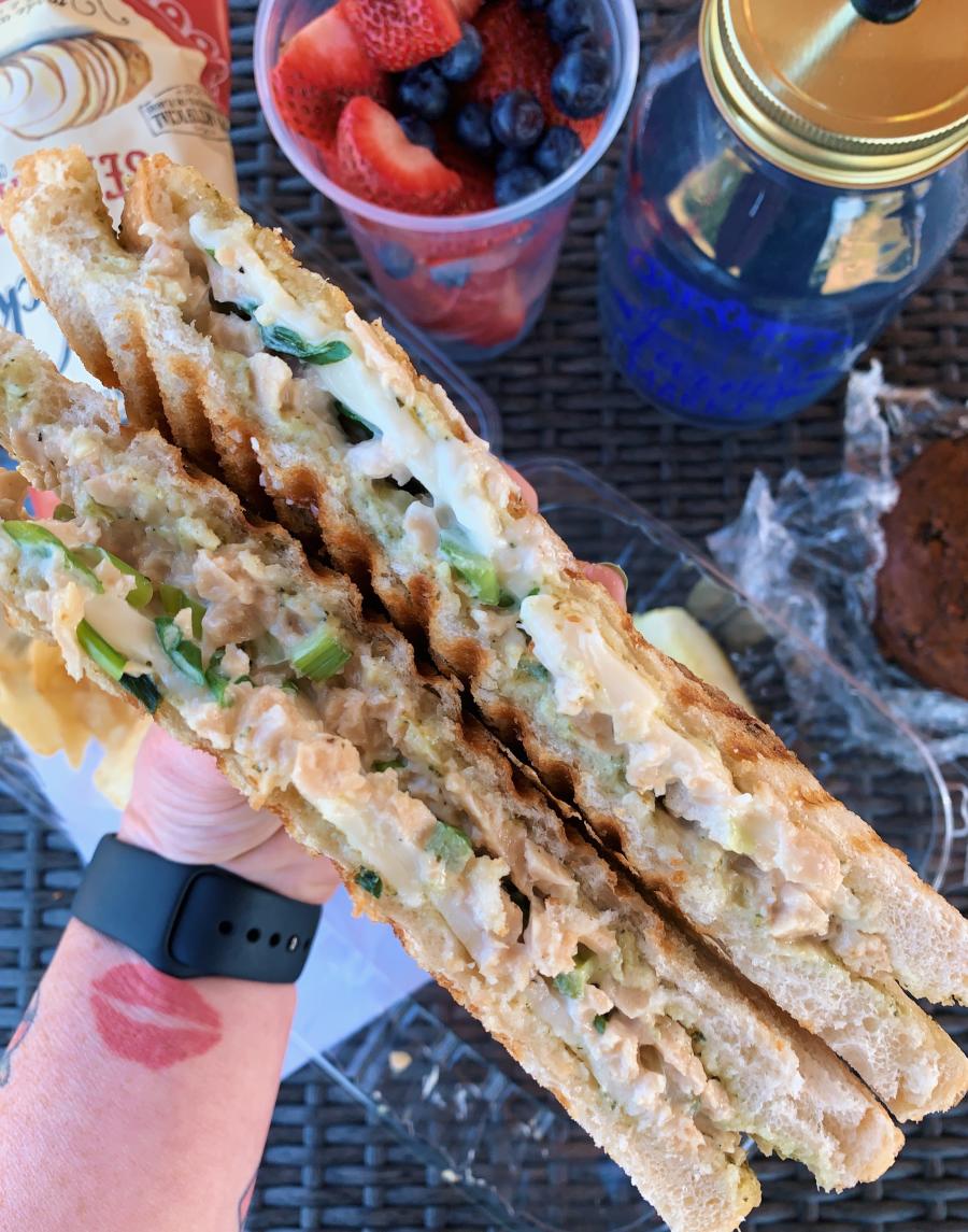 A vegan "chicken" pesto Panini from Oakwood Farms pairs well with their fresh juice options.