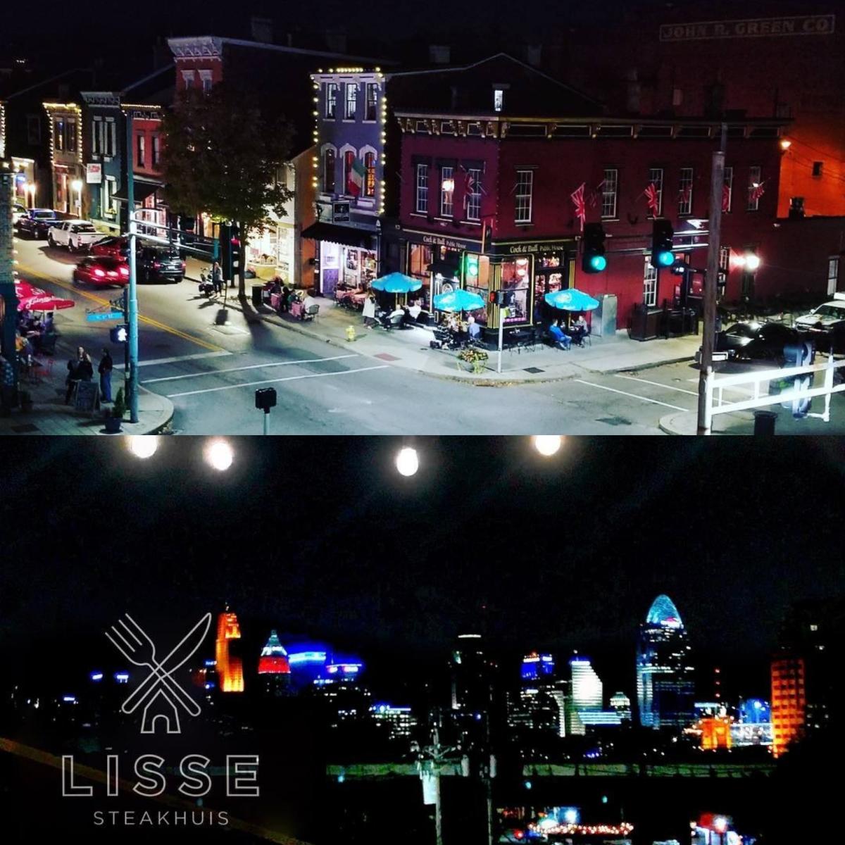 Shows two night views from Lisse restaurant, one of Mainstrasse Covington, Ky and one of the Cincinnati Skyline and Ohio River