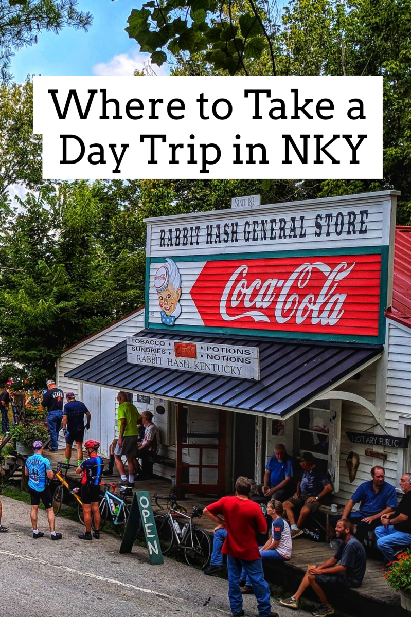 A group of road trip bicyclists and motorcyclists in front of the Rabbit Hash General Store in Northern Kentucky