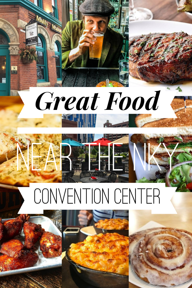 A collage of food and restaurants near the Northern Kentucky Convention Center with the title "Great Food Near the NKY Convention Center" written over it.