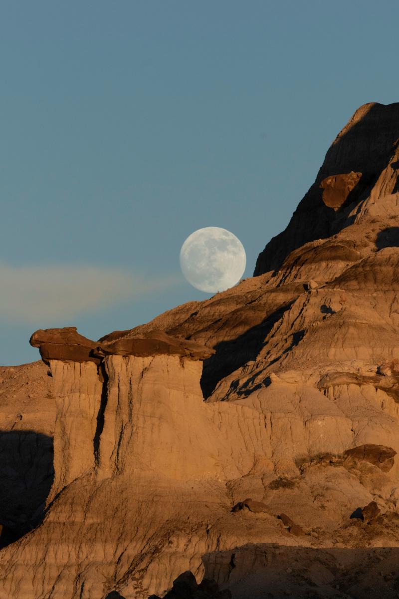 The moon poses above a barren cliff.