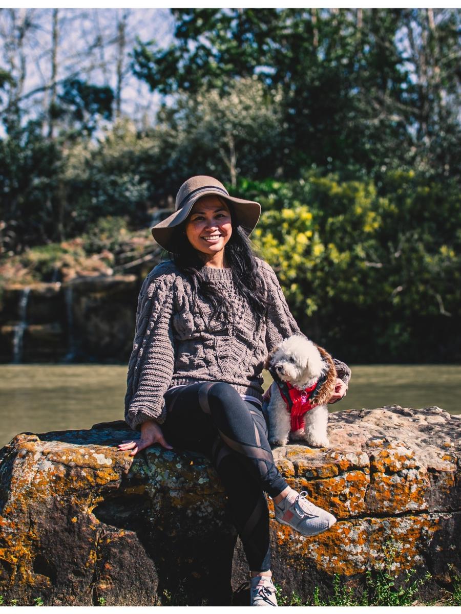 Women Posing With Dog at Beaumont's Botanical Garden