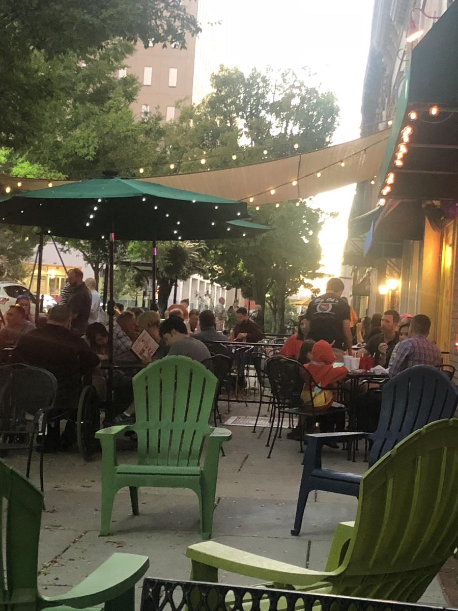 Strings of light decorate the outdoor patio at Big Oh's in Huntsville.