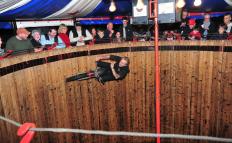 Photo: Pit Lenger rides the motordrome at Motorcyclepedia Museum in Newburgh.