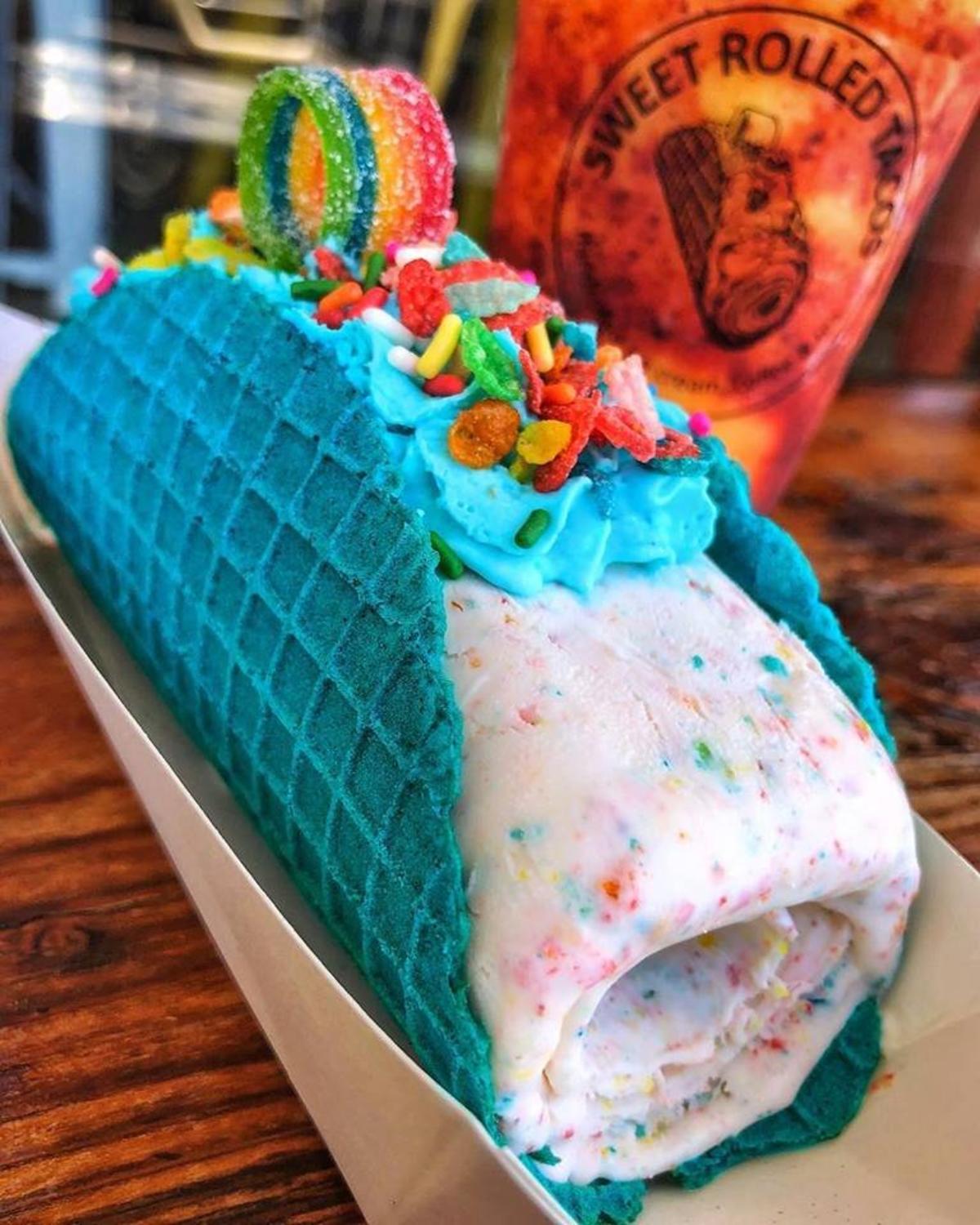 Ice cream taco with waffle cone shell at Sweet Rolled Tacos in Huntington Beach