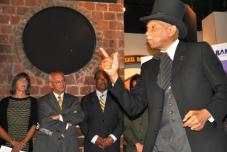 • African American storyteller and scholar Dr. David Anderson portrayed abolitionist Frederick Douglass to begin the event announcing a joint Underground Railroad tourism iniative. OPRHP Commissioner Rose Harvey, Congressman Paul Tonko, Markly Wilson of I LOVE NEW YORK, and Erie Canalway Executive Director Beth Sciumeca look on.