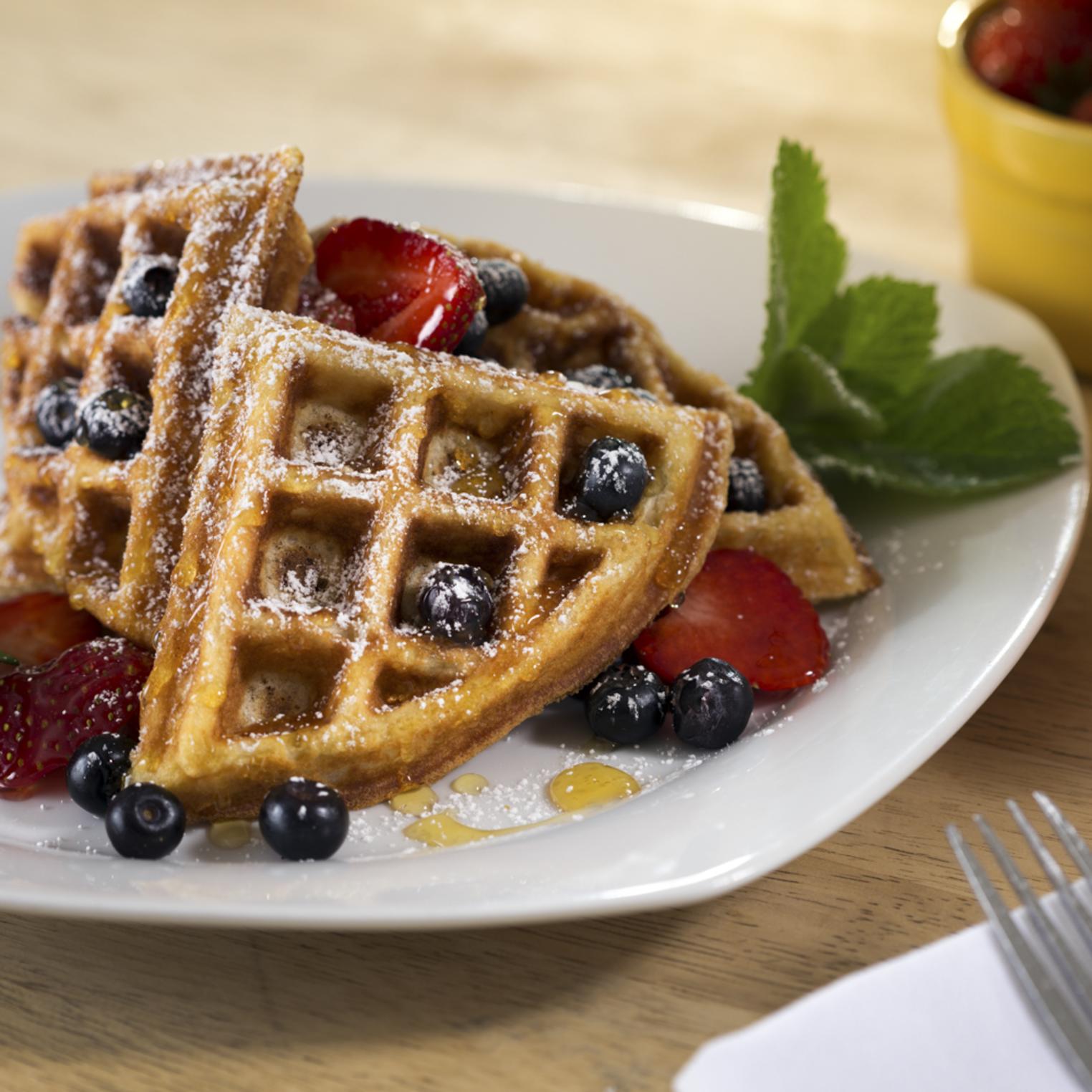Belgian style waffles and fresh fruit