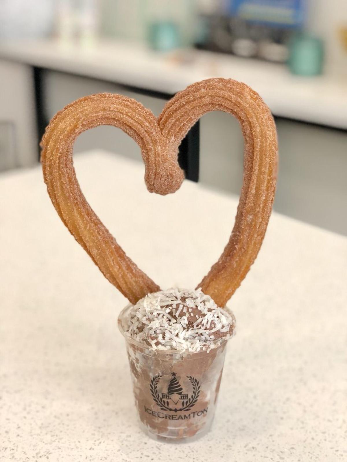 Ice cream cup with heart shaped churro at IceCreamTon in Huntington Beach