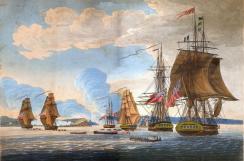 Battle of Oswego, May 6. 1814. By William Steele. Collection of Paul Lear. This view depicts the British preparing for an amphibious assault on the beach at Fort Ontario.