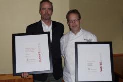 Restaurant Manager Mark Corr and Executive Chef David Hunt Receiving Sante Awards from Sante Magazine for Generations Restaurant and Straight Shot Bar at the Golden Arrow Lakeside Resort in Lake Placid, New York.
