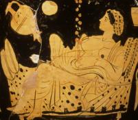 Danae and the shower of gold (detail). Red figure bell krater from Boeotia, ca. 430 BCE. Photo: Hervé Lewandowski. @Réunion des Musées Nationaux/Art Resource, NY