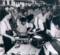 Refugees sign in at Fort Ontario in Oswego, NY in 1944